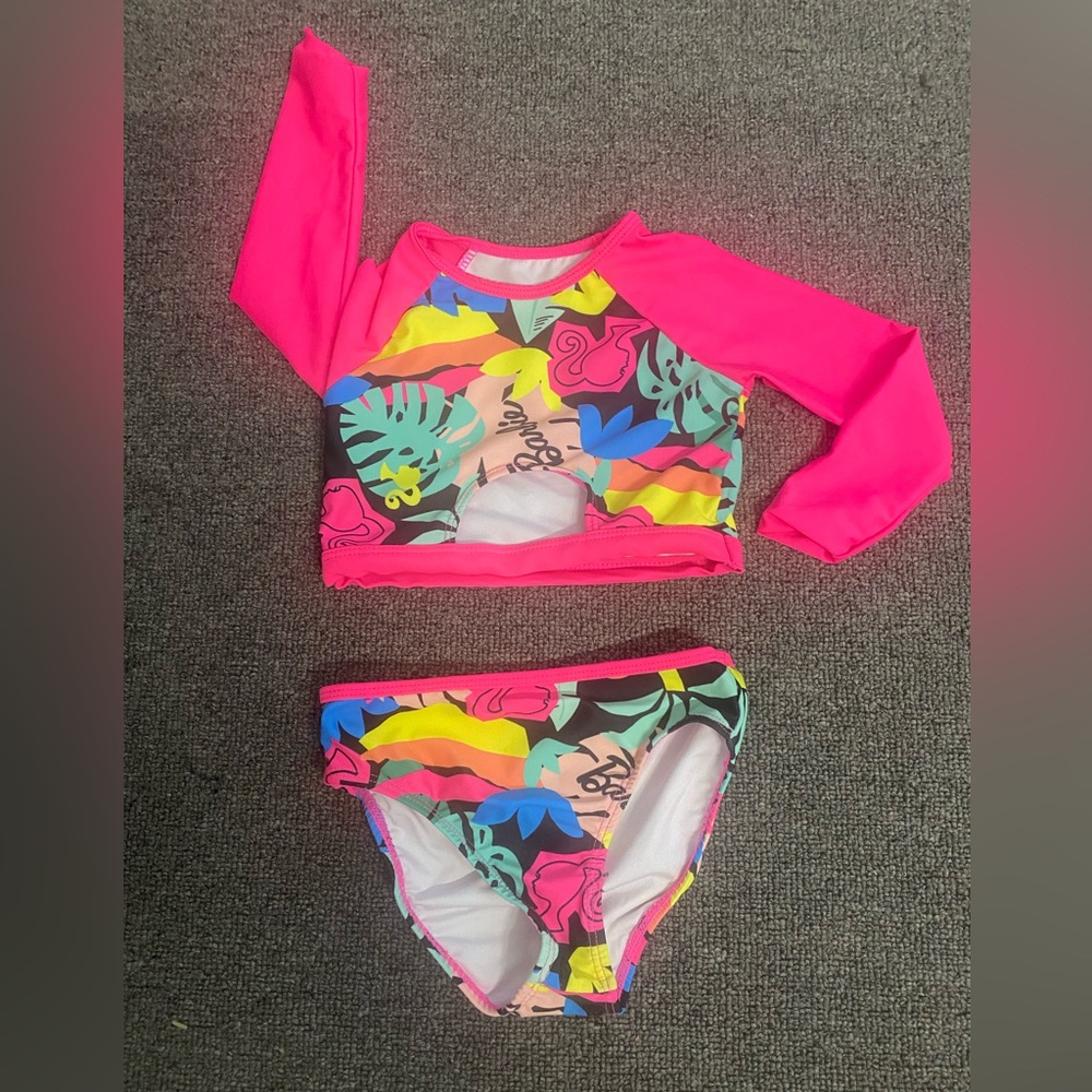 Barbie Girls' Bright Pink Tropical Long-Sleeve Rashguard Swim Set
